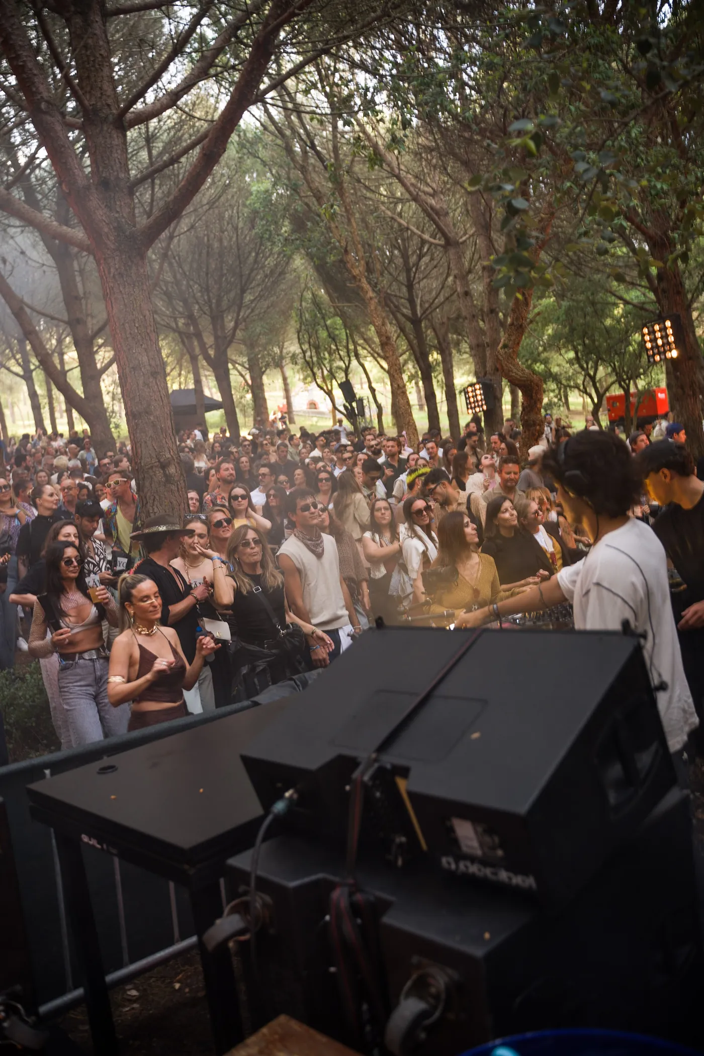 A crowd gathered beneath the pine trees for a KĀYO festival performance at DOMA